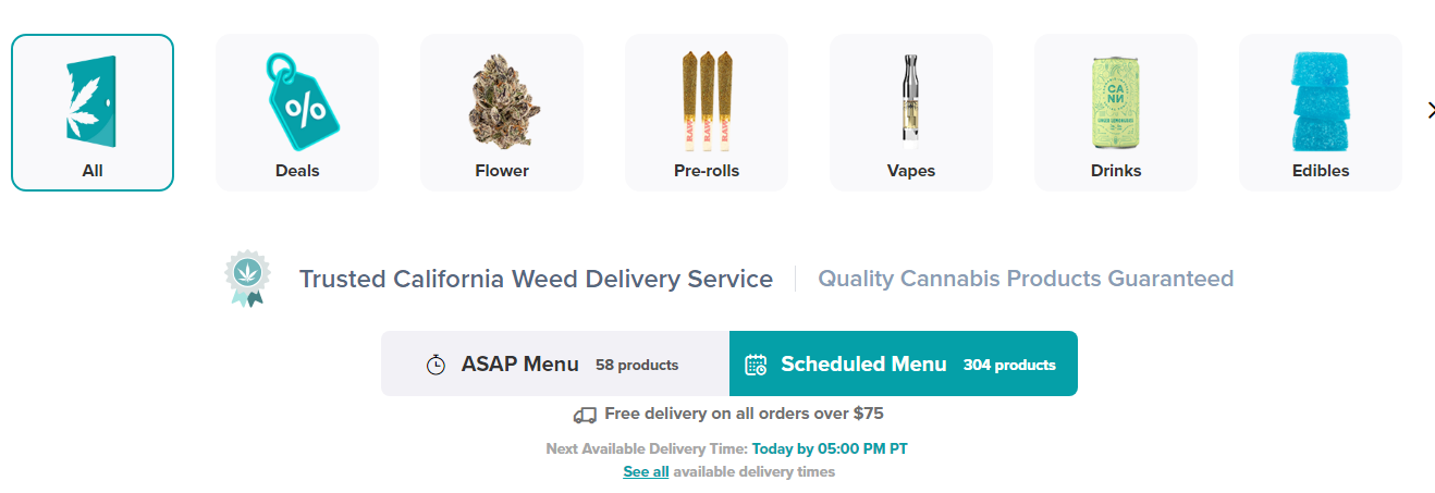 Introducing Grassdoor - California's Premier Online Cannabis Delivery Service

Experience the ultimate convenience with Grassdoor, the leading online weed delivery service in California. We have rapidly grown to become the fastest and most reliable platform, dedicated to serving the thriving cannabis community in our own unique way.

Our Journey and Vision

Since 2017, our founder Zack Ein has been committed to making cannabis more accessible to everyone. Drawing on extensive expertise in technology and cannabis retail, Zack recognized the opportunity to revolutionize weed delivery in California. We have built a robust technological infrastructure, assembled a nimble fleet of delivery vehicles, and obtained our own retailer license, all with the sole purpose of seamlessly bringing top-notch cannabis from our door to yours.

In August 2019, Grassdoor proudly launched as the pioneering flower-touching delivery service of its kind.

A Trusted Service

We are driven by our passion for the plant. We consume it ourselves and take pleasure in sharing it with others. From the outset, our mission has been to provide the safest, most affordable, and fastest weed delivery service in California. In just a few short years, we have earned a reputation for outstanding customer service, exceptional product variety, and seamless operations. Our unique system continually adapts to ensure that we consistently deliver the finest buds in record time.

"L.A. Weekly" raves about Grassdoor, stating, "We've tried all that L.A. has to offer, and Grassdoor has time and again proven to be the best of the best cannabis delivery agents in the county and beyond. They're COVID-safe, they always have our favorite products in stock, they bring our cannabis when we need it, their delivery zone is huge, and they give us coupons."

An Exquisite Menu

With over 2 million successful deliveries, we have garnered invaluable knowledge about offering the best cannabis California has to offer. Our partnership with more than 50 California farms grants us exclusive access to the most sought-after cannabis brands and strains. Through our user-friendly website and streamlined weed delivery service, we bring these exceptional products right to your doorstep. Explore our menu, and the results will speak for themselves.

According to "Herb," "Imagine the whole stock of your local dispensary available for delivery at any time; that's still probably short of what Grassdoor has to offer."

Our menu has made us the preferred delivery retailer for flower connoisseurs, edible enthusiasts, and dab enthusiasts alike. However, our offerings extend beyond that. Whether you're pre-ordering from our extensive catalog or seeking quick access to premium buds on demand, you'll find a wide range of cannabis products from the brands you know and love. Looking to embark on a new cannabis journey? The Grassdoor menu is the perfect starting point.

The Power of Teamwork

Our unwavering commitment to safety, speed, reliability, and availability is no coincidence. From our newest driver to our most seasoned tech expert, Grassdoor thrives because we are a team of cannabis enthusiasts united in delivering a consistently flawless experience you can rely on.

Meticulous Selection
Our team of flower experts meticulously curates our product offerings, ensuring only the finest selections reach your hands.

Cannabis Excellence
Our retail partners collaborate with the most reputable cannabis cultivators, manufacturers, and brands in the California weed industry. Rest assured, our products are always fresh and of the highest quality.

Safety First
Every Grassdoor cannabis delivery driver undergoes rigorous training to ensure the safe and sanitary delivery of your orders.

Reliability at its Core
We have meticulously scaled our operations to enable our engineers to maintain smooth functionality. As a result, our retail partners fulfill orders with 100% accuracy, consistently delivering exactly what you expect.

Choose Grassdoor for an unparalleled cannabis delivery experience that combines quality, convenience, and trust.